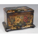 A Victorian papier-mâché and black lacquered tea caddy, having a serpentine front, decorated with