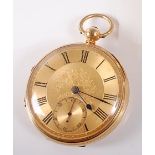 An 18ct yellow gold keywind open face pocket watch, having gilded Roman dial with floral detail