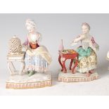 A near-pair of circa 1900 Meissen Dresden porcelain figures, each as a seated maiden, one at the