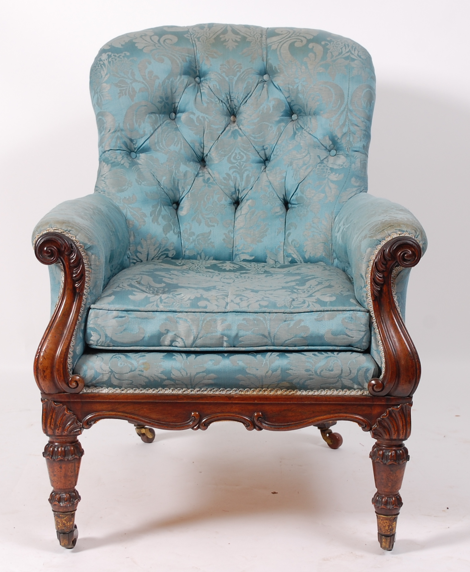 An early Victorian rosewood framed spoonback armchair, the whole upholstered in a silk blue - Image 2 of 3