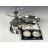 A quantity of electroplate including a centrepiece with etched glass together with cased butter