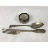 A Georgian silver fork, a silver spoon and silver-rimmed salt