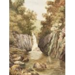 (British School) Flat Gill Waterfall, Yorkshire, verdant landscape with jagged rocks leading towards