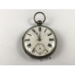 A Victorian silver cased pocket watch, having a key-wound lever movement, white-enamelled face,