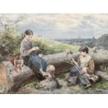 (19th Century) Sensitive study of three sisters seated beside a felled tree, two in the act of