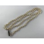 A vintage single-strand necklace of graded pearls, having a white-metal lenticular box-clasp stamped