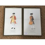 Two framed British Army studies of early 18th Century officers' uniforms