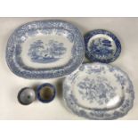 19th Century blue and white transfer printed pottery, including an S.H & Co ashet in the Albion