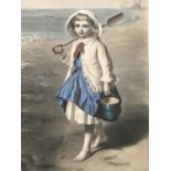 A Victorian polychrome aquatint study of a young girl in a blue dress