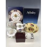 A boxed Aynsley Orchard Gold bowl together with a boxed Wild Tudor bowl, a commemorative jubilee jug