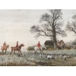 Arthur Willett (British, 1857-1918) Hunting scene with mounted horsemen and hounds passing a