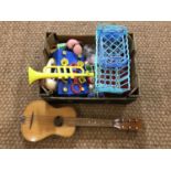 A quantity of vintage toys including a guitar and skittles etc