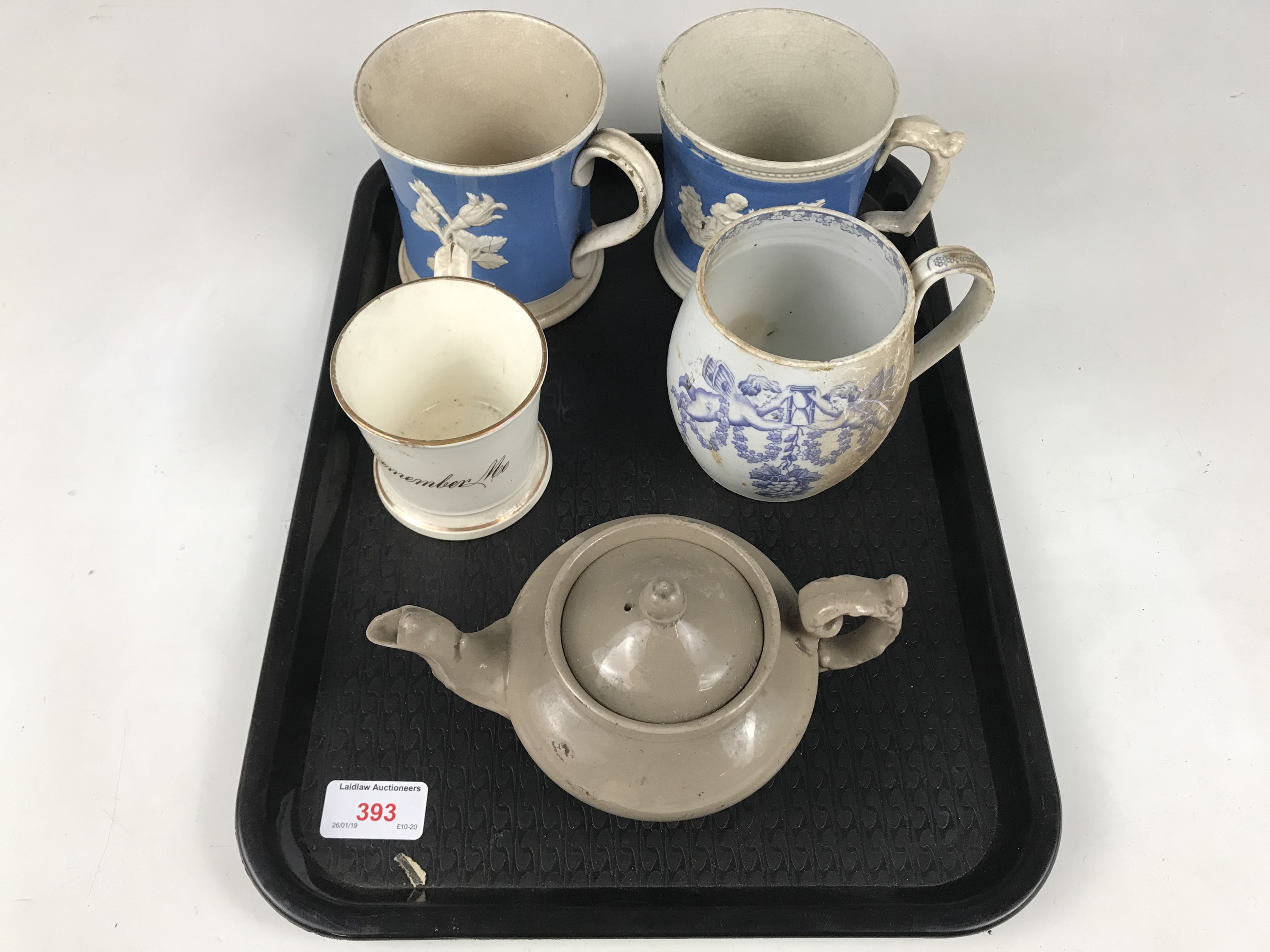 Two blue-and-white tankards together with a Cupids pattern mug (a/f), a Victorian Remember Me mug