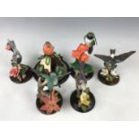 Six Country Artists bird figurines including a ruby throat hummingbird and a house martin with