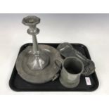 A William of Newcastle pewter warming dish together with two snuffer / pen trays, a candlestick etc