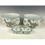 Two Victorian Madras pattern chamber pots together with a matching toothbrush dish