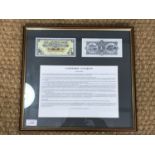 A framed display of two Royal Bank of Scotland 1 Pound banknotes (1955-1967 series), 36 x 39 cm