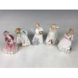 Five Royal Doulton figurines including Dinnertime HN3726, Sit HN3123, Reward HN3391, Lets Play