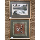 A Chinese silk embroidered panel, satin-stitched in depiction of a song bird, framed and mounted