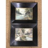 A pair of early 20th century Japanese embroidered landscape views, framed and mounted under glass,