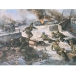 After Alan Fearnley, The Bridge at Arnhem, signed print, bearing the autograph signatures of both