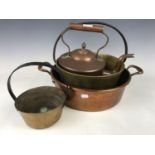 A copper pan and kettle together with two brass jam pans