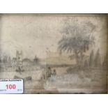 (19th Century) A hand-embroidered picture depicting a river scene with fishermen and distant church,