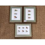 Three framed sets of salmon fishing flies