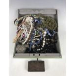 A quantity of vintage costume jewellery together with a vintage cash box