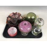 A bubble-form glass bowl together with four carnival glass bowls etc