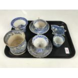 Georgian and Victorian blue-and-white wares including a pickle dish (a/f), tankards (a/f) and a