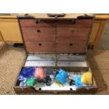 A large wooden fishing fly-tying box with compartments and a fly-tying vice etc, 61 x 37 x 22 cm