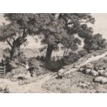 After Myles Birket Foster (1825-1895) Rural idyll with slumbering shepherd and flock, drypoint,