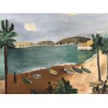(20th Century) A seascape depicting the beach and casino at Nice emulating the work of Raoul Dufy,