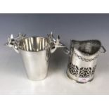 An electroplate wine bottle holder together with a stag-handled ice bucket