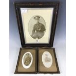 Three period framed photographs of Great War Border Regiment soldiers, 20 x 14 cm, and a pair each