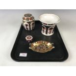 A Royal Crown Derby Imari palette ginger jar, together with a Royal Crown Derby vase and pill box