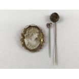 A late 19th / early 20th Century cameo brooch in a yellow-metal mount, stamped 9ct (a/f), together