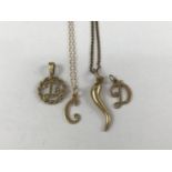 A 9ct gold and yellow-metal initial pendants and chains, including a 9ct gold 'L' pendant, and a 9ct