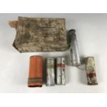 A Luftwaffe ammunition carton and inert flare gun cartridges etc