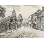 R*** Atkinson (20th Century) Front Street, Alston, pen and ink view, framed and mounted under glass,