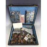 A wooden box containing sundry GB and world coins etc, 18th-20th Century, together with a Bank of