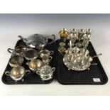 A quantity of electroplate including a three piece tea set, a sugar and creamer set, and goblets