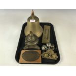 A reproduction brass wall mounted bell together with a brass Arts & Crafts letter box front, an