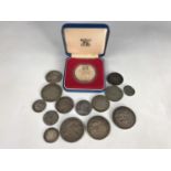 Sundry silver and other coins including a cased Royal Mint silver proof 1977 Jubilee crown