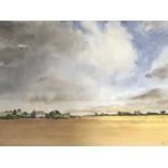 John Bentley (20th Century) Luminous landscape with golden cornfields under a cloud-scudded sky,