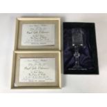 A cased commemorative glass together with two framed tickets for a Royal Gala performance