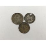 James II, William and Mary, and George II silver coins, (holed)
