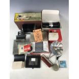 Vintage camera equipment, including a Panagor Zoom Slide Duplicator, Gepe glassless slide mounts,