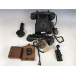 A Morse key, bell box and vintage telephone etc